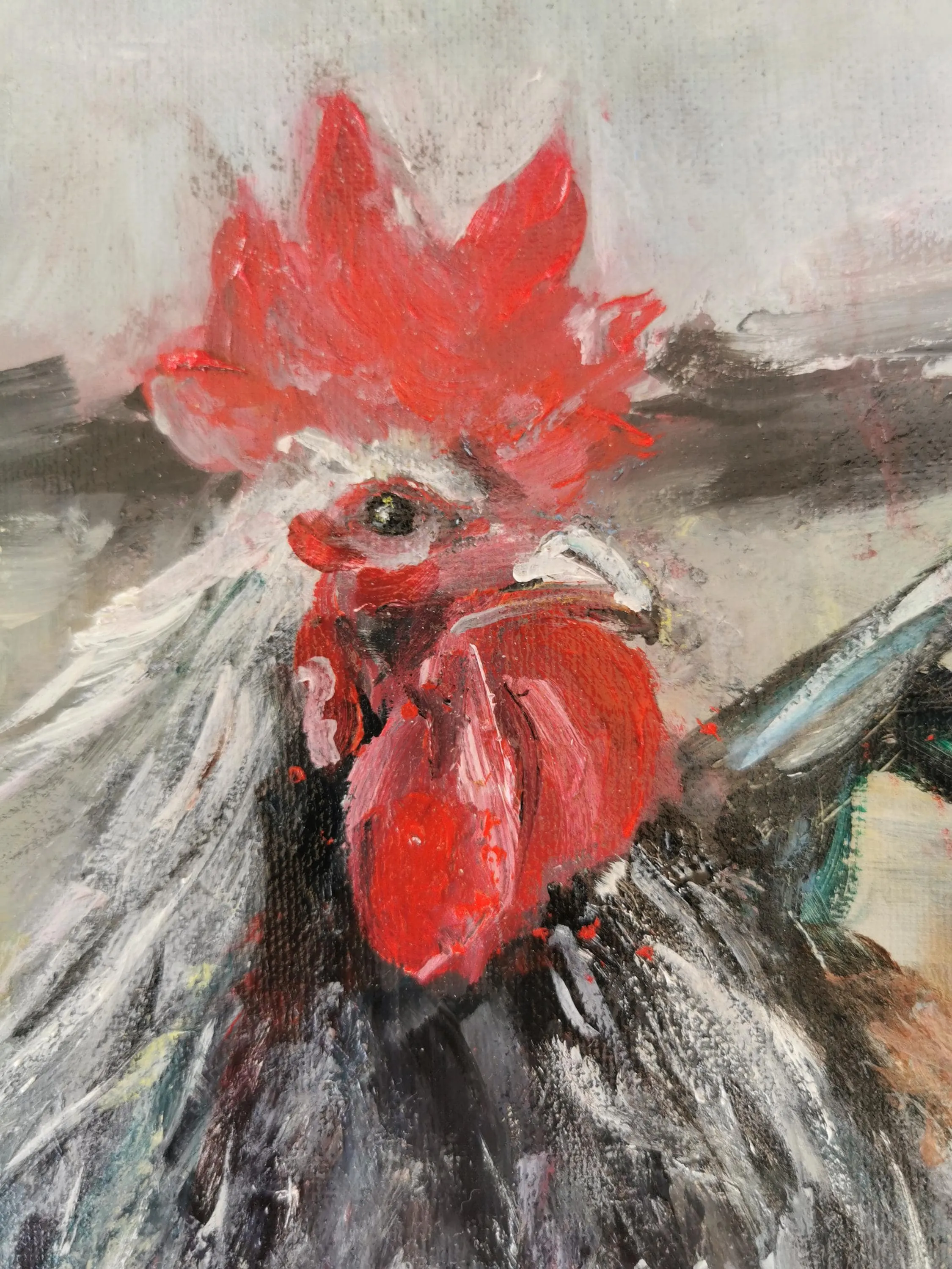 Primo piano della testa del gallo: cresta e bargigli in spesso impasto scarlatto, occhio scuro vigile, becco pallido e cesellato