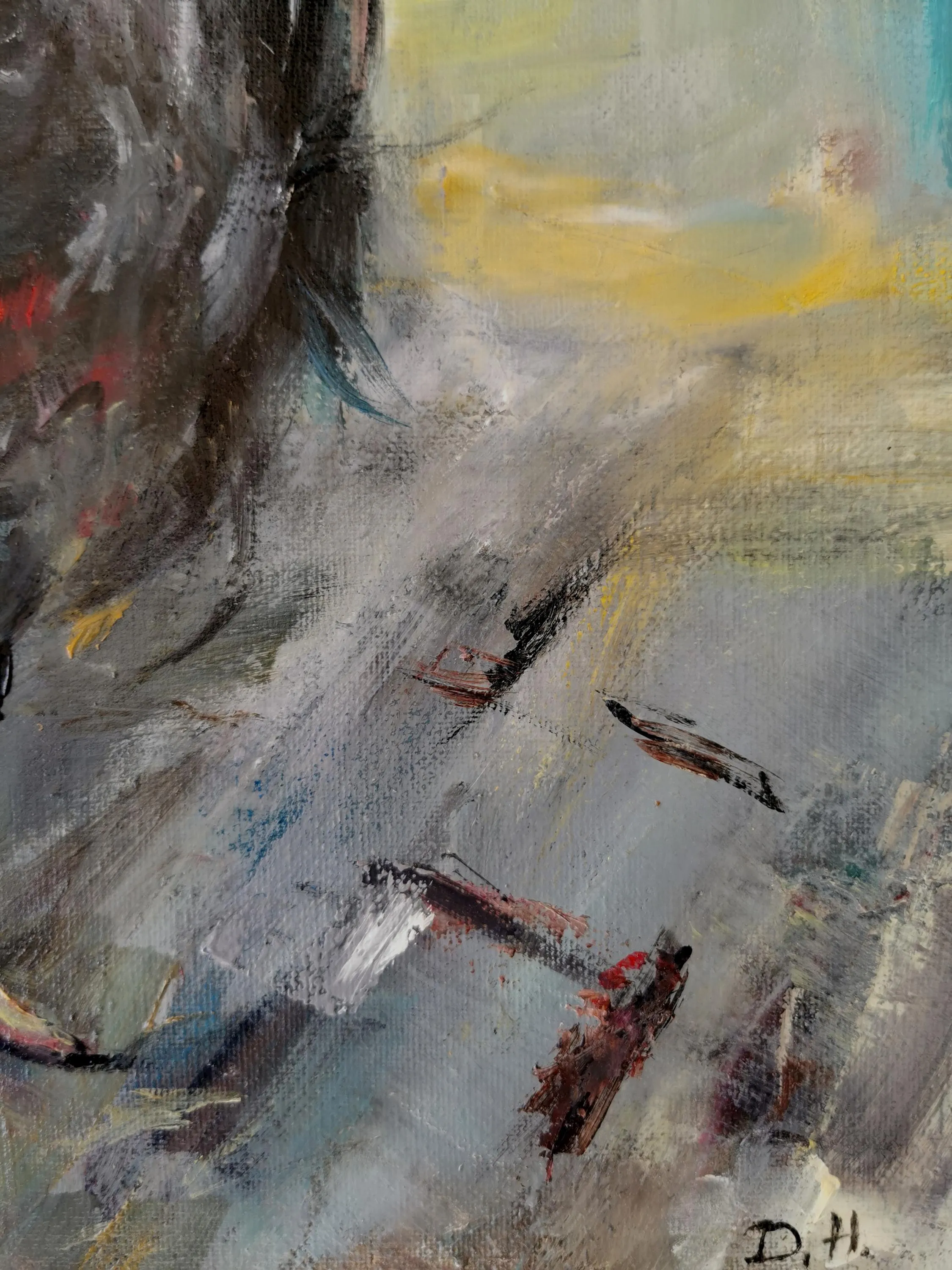 Passaggio astratto di fondo in stesure stratificate di grigio, ocra e ruggine, con la firma dell'artista in basso a destra