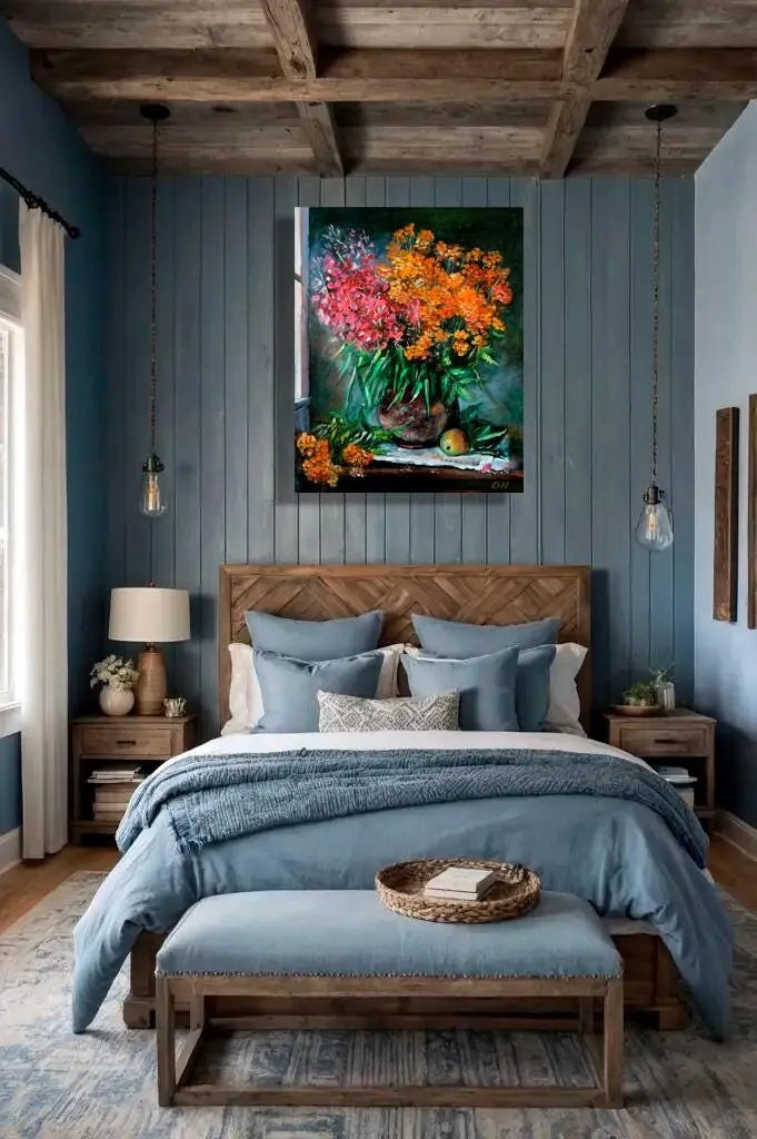La natura morta appesa sopra un letto di legno in una camera rustica con boiserie blu e travi a vista
